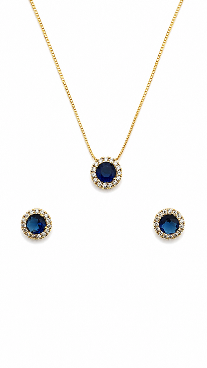 Conjunto Azul Safira Colar e Brincos Banhado