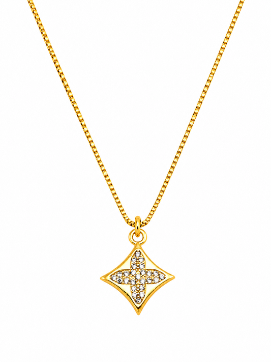 Colar Estrela 4 Pontas Zircônias Banhado a Ouro