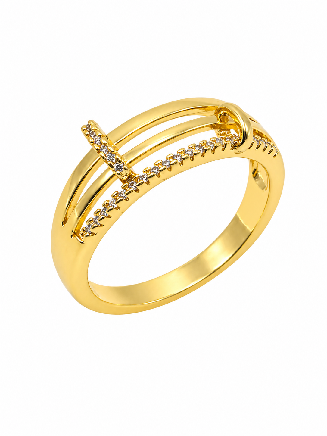 Anel Aros Cruzados Cravejado Dourado