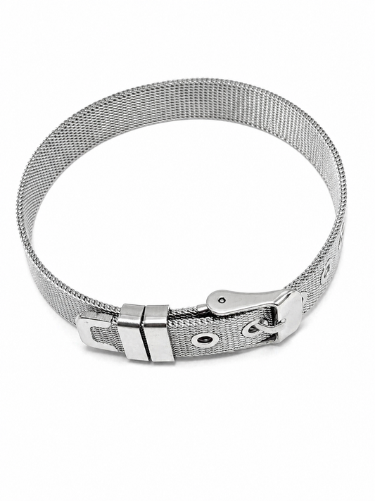 Pulseira Bracelete Mesh Aço Prateado Fecho Fivela