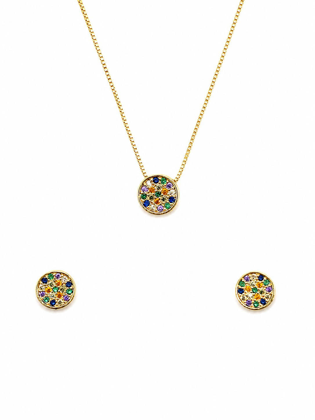 Conjunto Colar e Brincos Redondo Colorido Banhado a Ouro