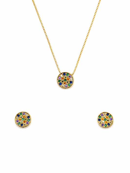 Conjunto Colar e Brincos Redondo Colorido Banhado a Ouro