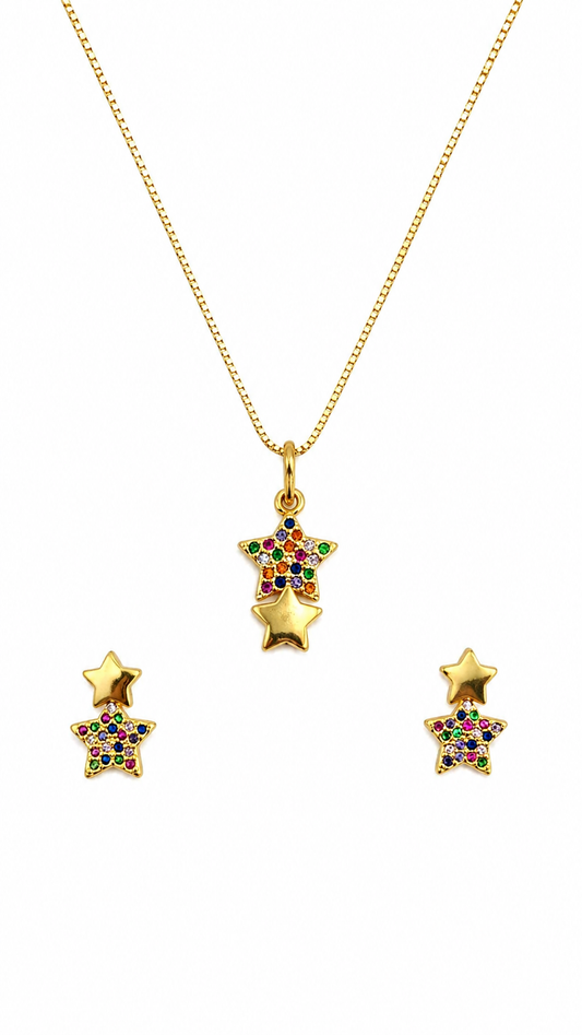 Conjunto Estrelas Coloridas Colar e Brincos Banhado a Ouro