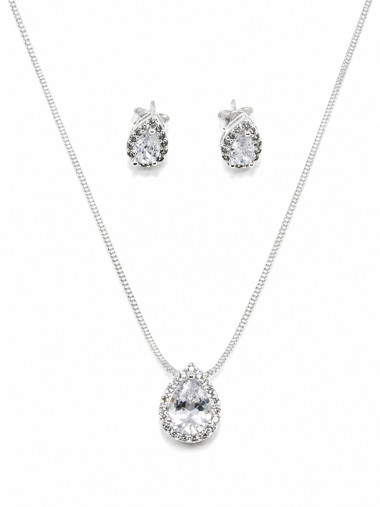 Conjunto Gota Halo Zircônias Colar e Brincos Banhado