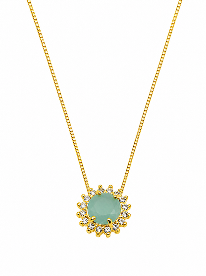 Colar Pedra Verde Halo Zircônias Banhado a Ouro