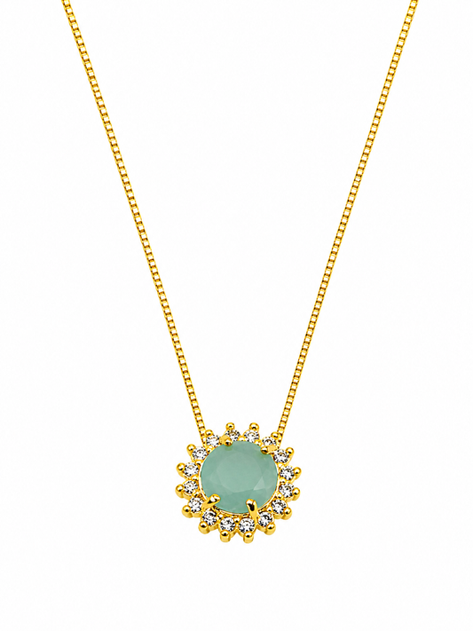 Colar Pedra Verde Halo Zircônias Banhado a Ouro