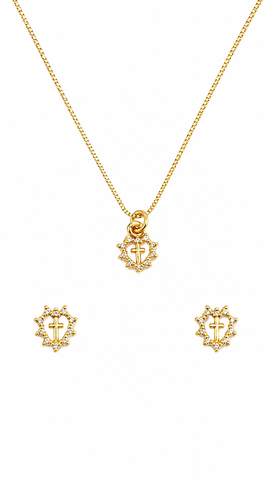 Conjunto Cruz Colar e Brincos Banhado a Ouro