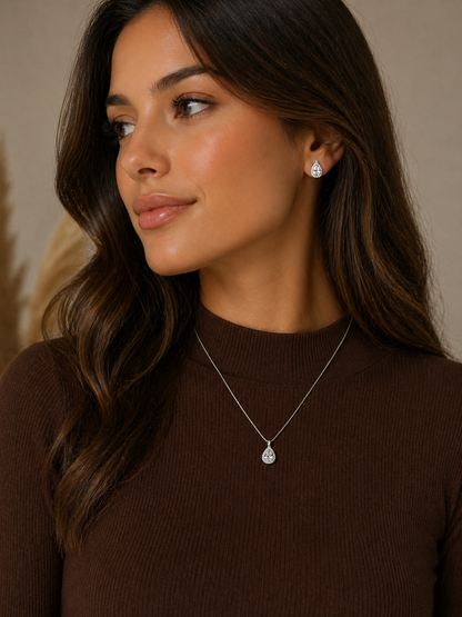 Conjunto Gota Halo Zircônias Colar e Brincos Banhado